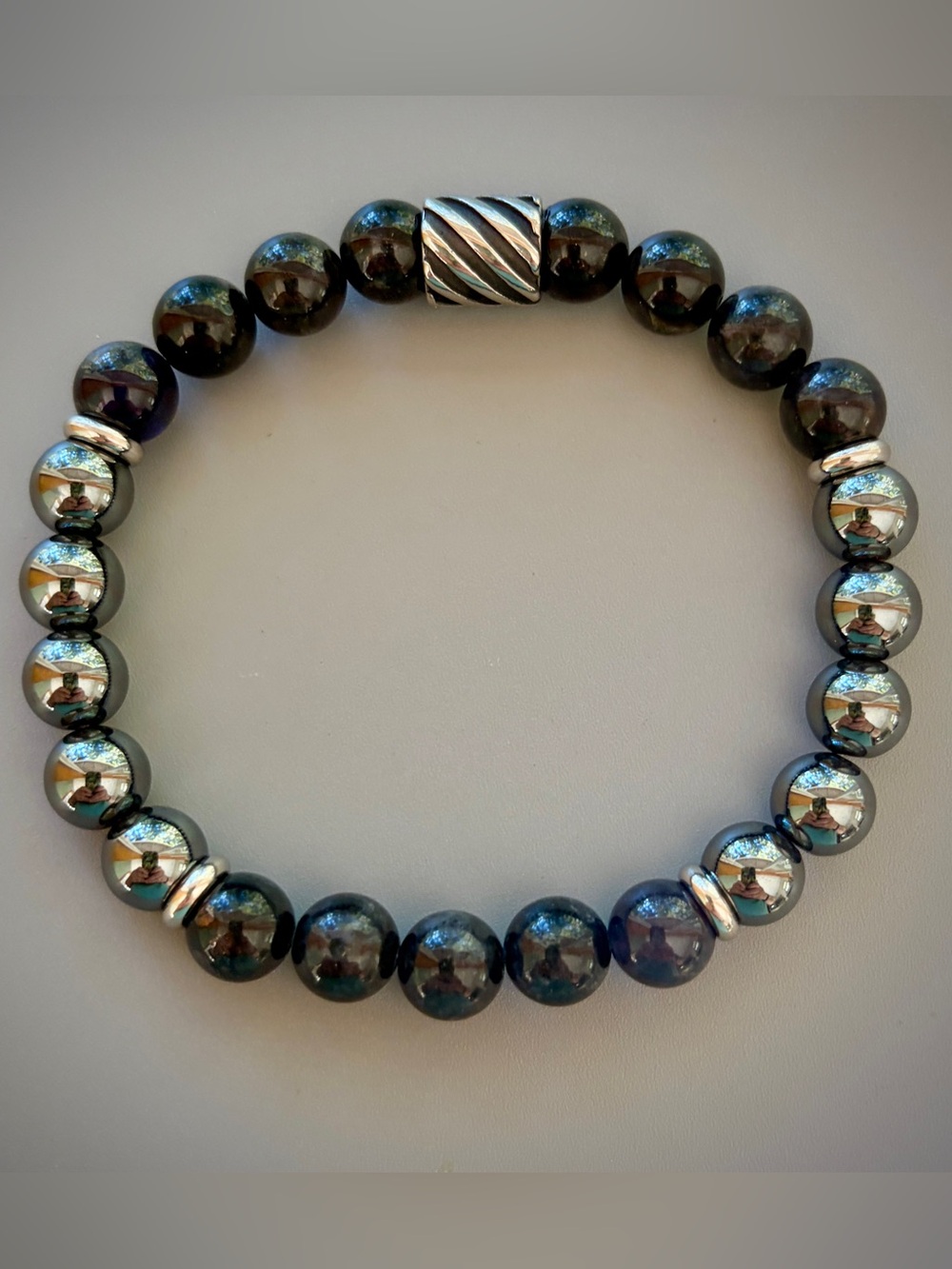 Hand Crafted Iridescent Black, Navy and Silver Beaded Bracelet